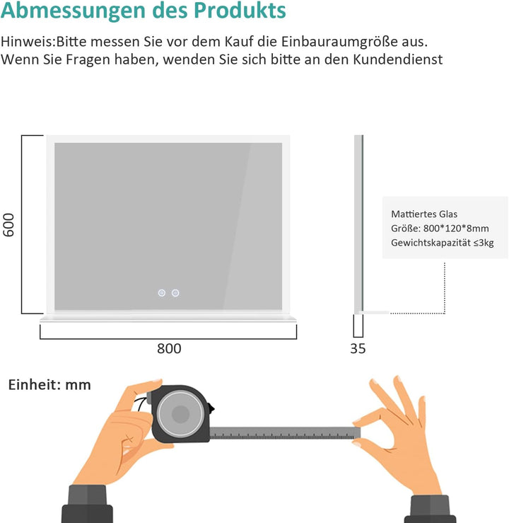 EMKE LED Badspiegel 80x60cm Badspiegel mit Beleuchtung kaltweiss Lichtspiegel Badezimmerspiegel Wand
