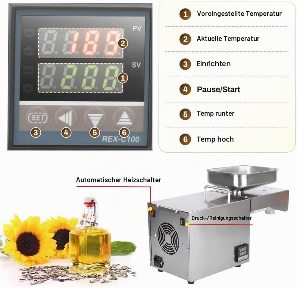 Elektrische Ölpresse, automatische Ölpresse, Heiss-/Kalt-Extraktor aus Edelstahl, Bio-Öl-Extraktor f