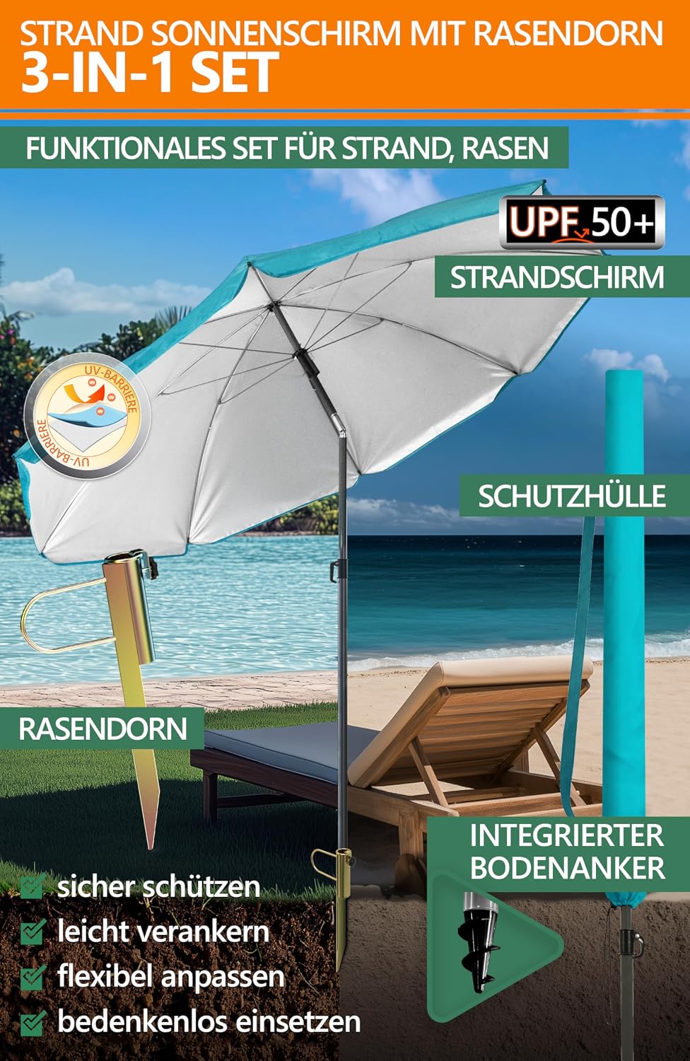 4smile SunnyJoy 3-IN-1 Set mit Sonnenschirm Strand in Türkis - Strandschirm windfest stabil 200 cm m