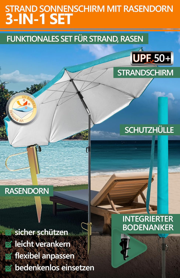 4smile SunnyJoy 3-IN-1 Set mit Sonnenschirm Strand in Türkis - Strandschirm windfest stabil 200 cm m