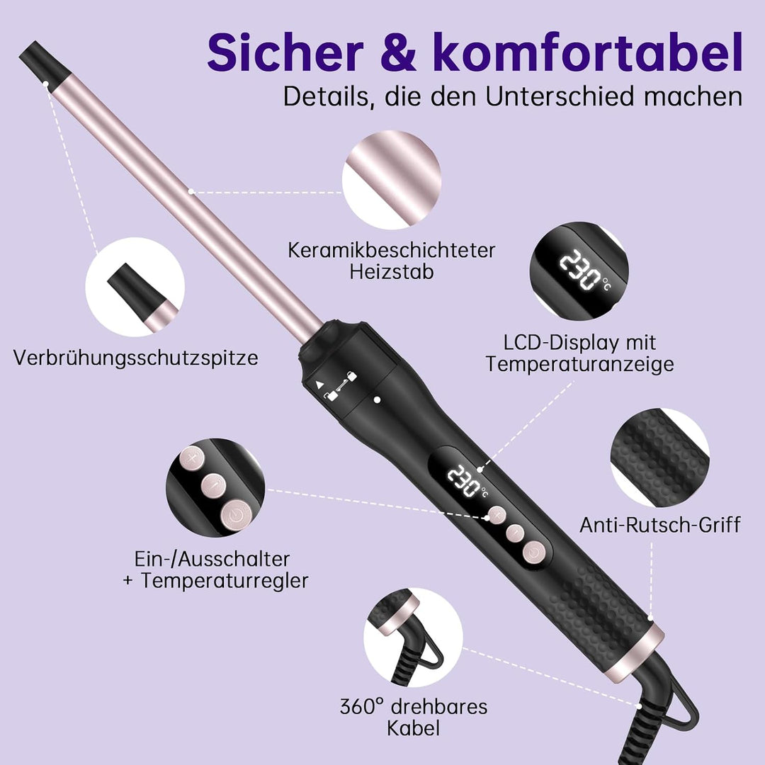 Lockenstab Set, 30s Schnellaufheizung, 13 Temperaturstufen 100-230°C (9 mm) | 360° drehbares Anti-Ta