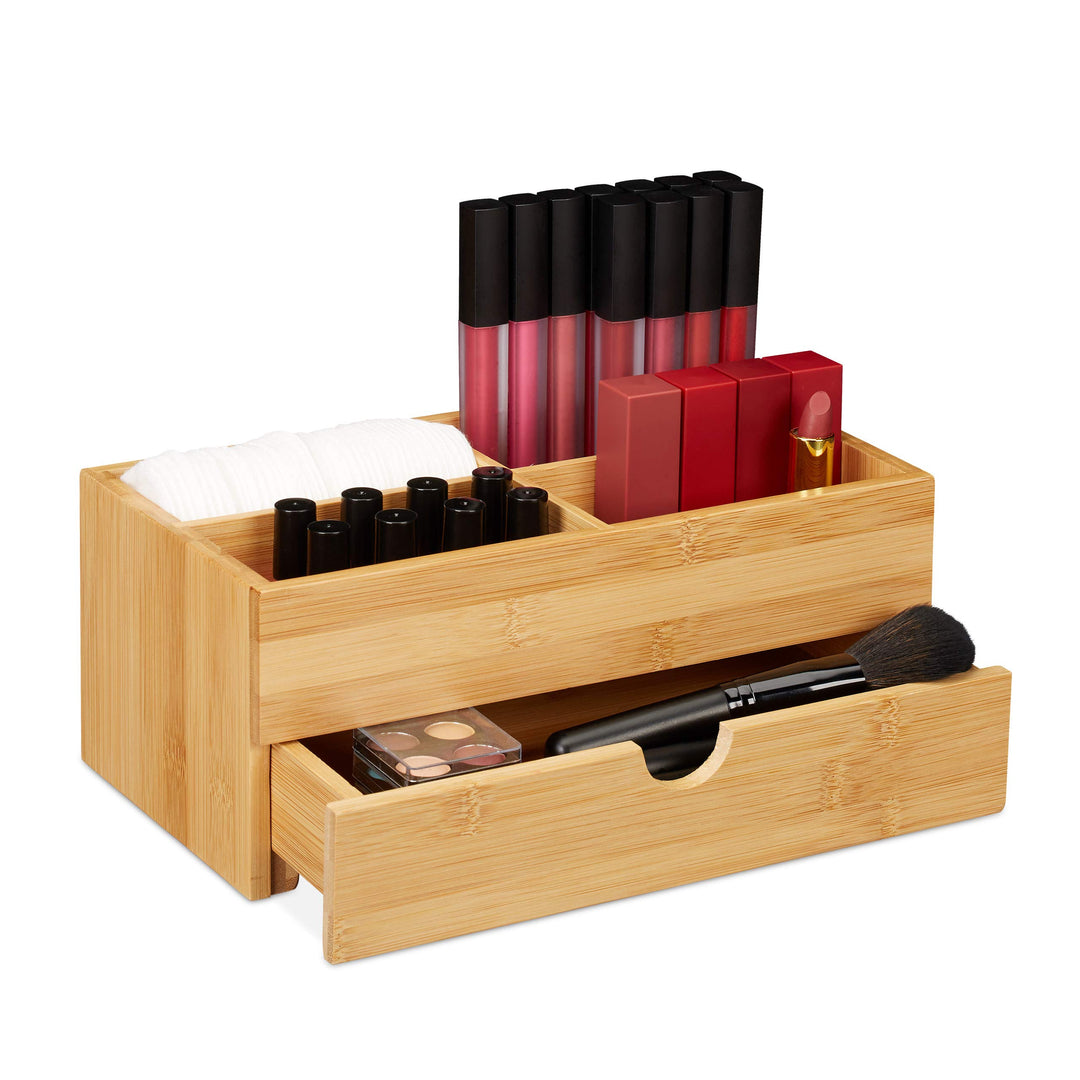 Relaxdays Bambus Kosmetik Organizer, multifunktional, 4 Fächer & Schublade, Schmuckkästchen, Ordnung