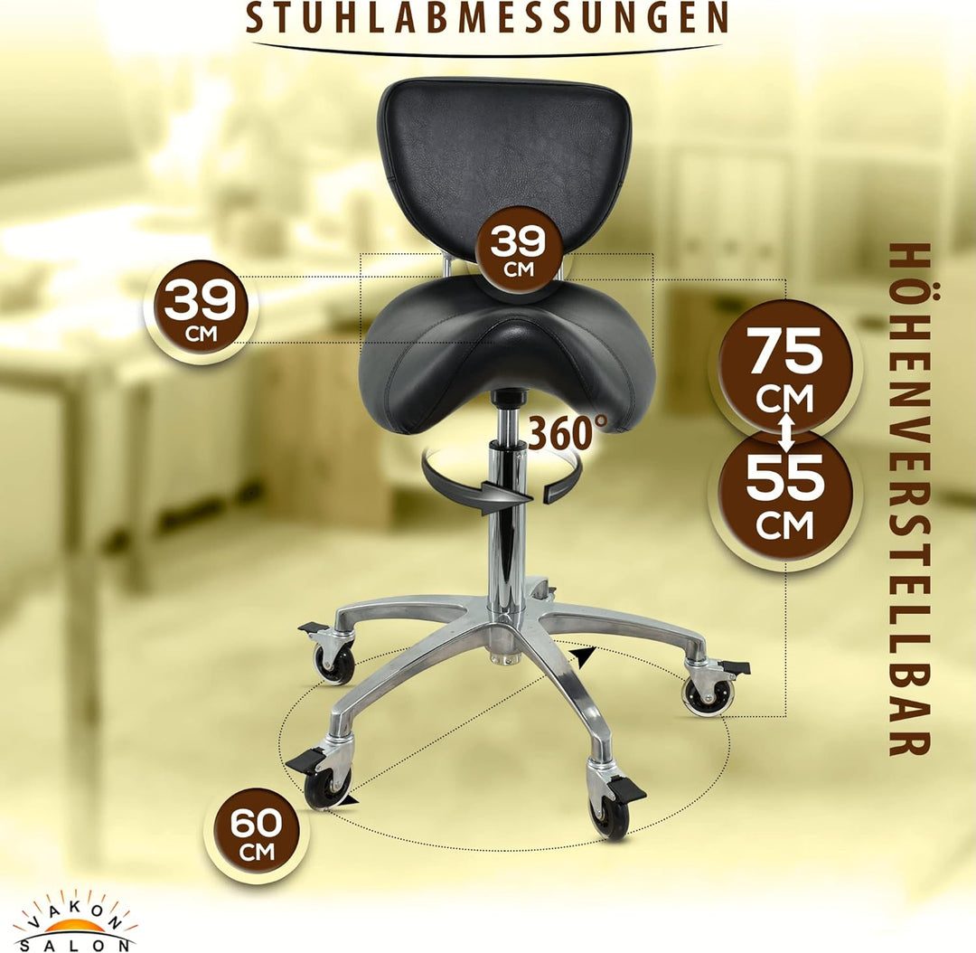 Premium Sattelhocker schwarz mit Bremse und Lehne, Sattelstuhl für Rückenentlastung, Rollhocker höhe