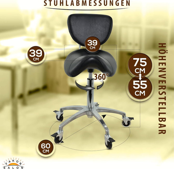 Premium Sattelhocker schwarz mit Bremse und Lehne, Sattelstuhl für Rückenentlastung, Rollhocker höhe