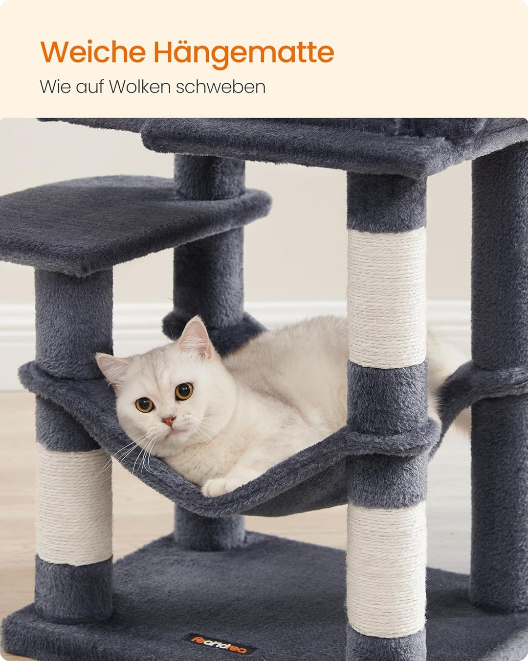 Feandrea Kratzbaum, 112 cm hoch, Katzenbaum, mehrstöckiges Katzenhaus, mit 4 Kratzsäulen, 2 Plattfor