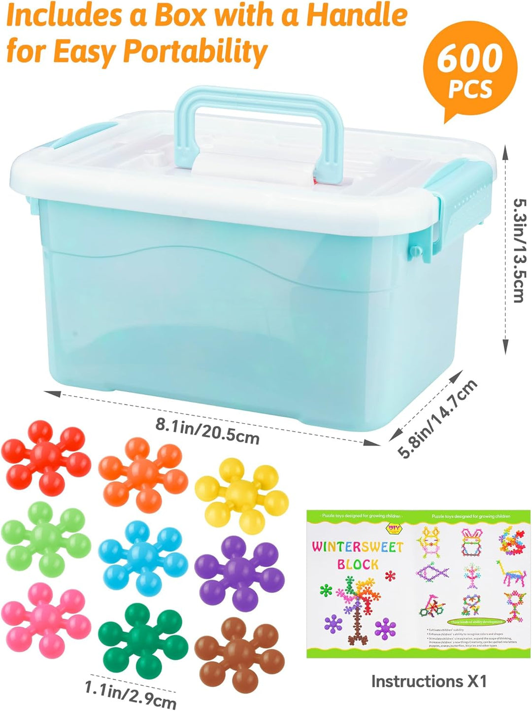 600PCS Interlocking Snowflake Building Block(Rainbow Colors) 600PCS Multicoloured, 600PCS Multicolou