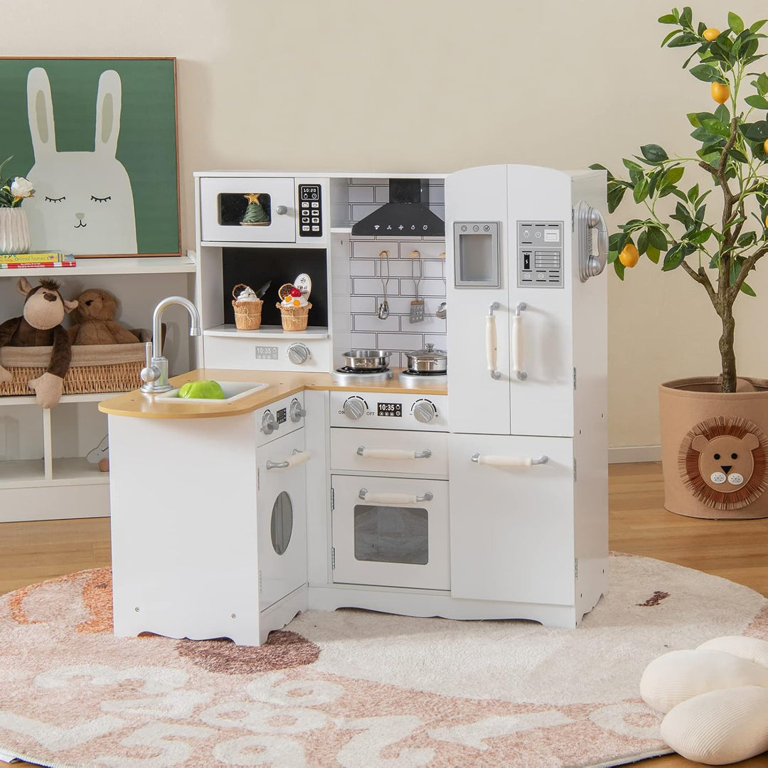 COSTWAY Kinderküche mit Zubehör, Eck Spielküche Holz inkl. Kühlschrank Wasserhahn Spüle Herd Telefon
