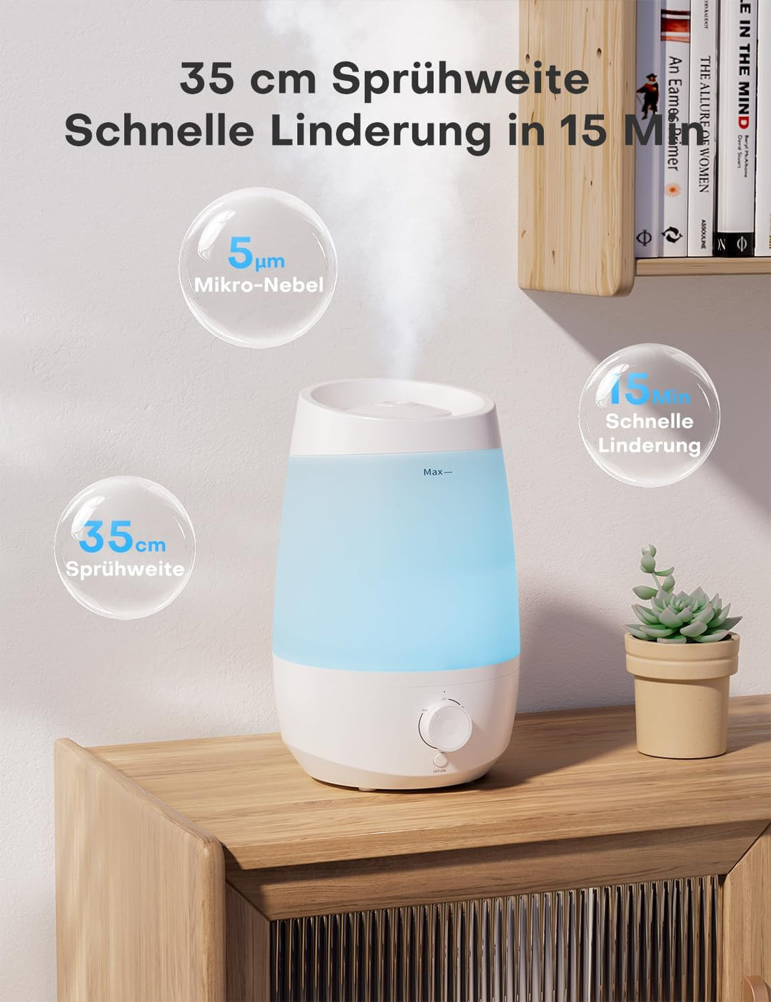 AROEVE Luftbefeuchter Schlafzimmer, 2,5L Luftbefeuchter Kinderzimme, 250 ml/h, 25H Ätherisches Öl Di