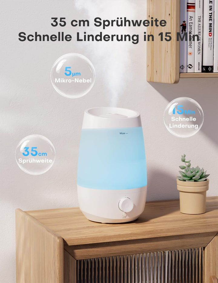 AROEVE Luftbefeuchter Schlafzimmer, 2,5L Luftbefeuchter Kinderzimme, 250 ml/h, 25H Ätherisches Öl Di