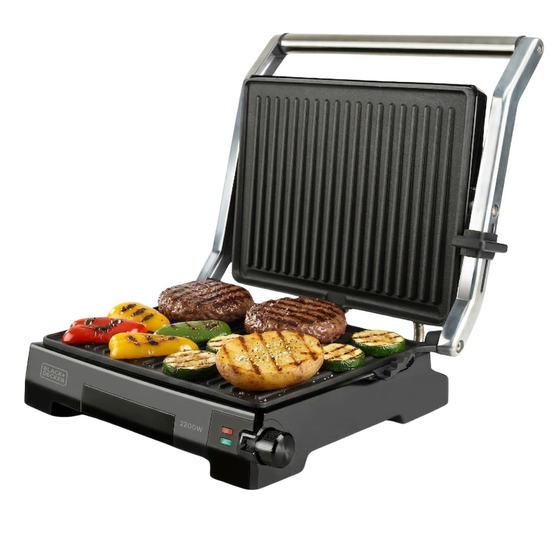 Black+Decker BXGR2200E -2-in-1: glatte Platten und Grill, Zubreiten von Fleisch, Fisch, Gemüse, 180º