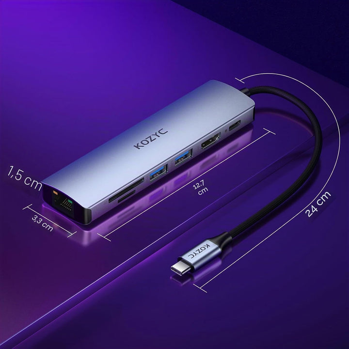 USB C Hub HDMI Ethernet, KOZYC 7 in 1 USB C Hub HDMI 4K @ 60Hz, 1Gbps Ethernet, 100W PD Charging, 2