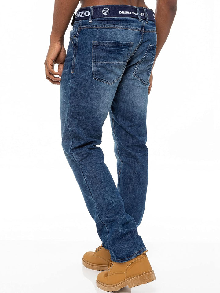 Enzo Designer-Herren-Jeans mit geradem Bein, normale Passform, Denim-freier Gürtel, King-Size-Grösse