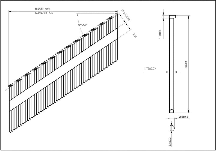 34° Stauchkopfnägel - 1,8x64mm, 4.000 stück, Nägel für Druckluft-Nagler, DA25EGB, Rostfrei Stahl, fü