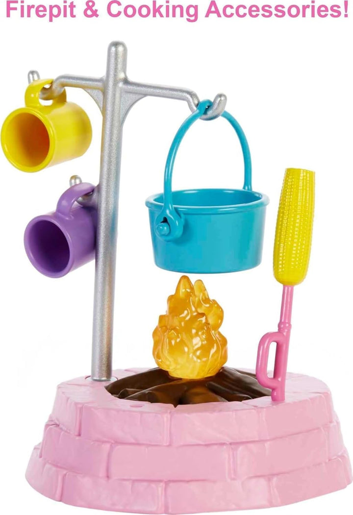 Barbie Camping Serie, Campingset mit Skipper-Puppe, Schmetterling, Hase, Camping Zubehör, Aufkleber,