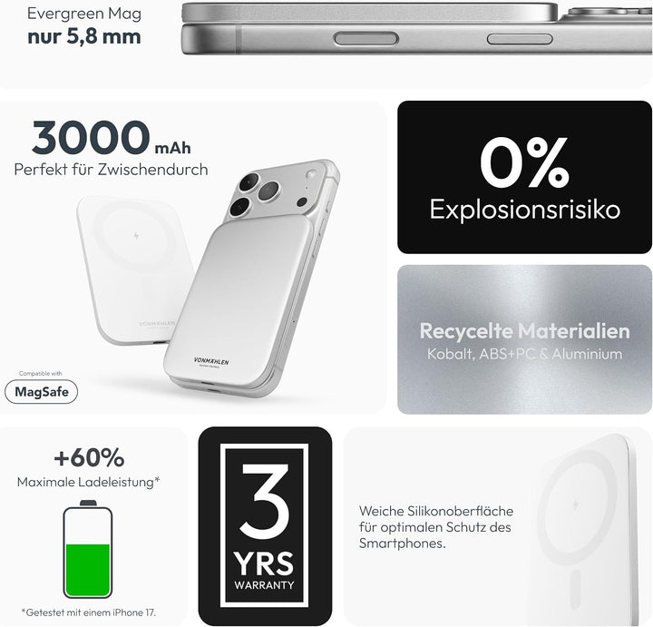 VONMÄHLEN Evergreen Mag - Wireless Powerbank kompatibel mit MagSafe - Tragbares Ladegerät mit 3000mA