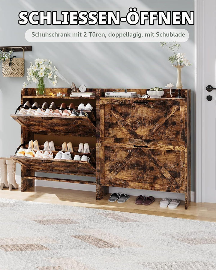 Breit 80 X24x100 Hoch cm Schuhschrank Mit 2 Klappen, Verstellbare Zweistufige Regalböden, Schmal Sch