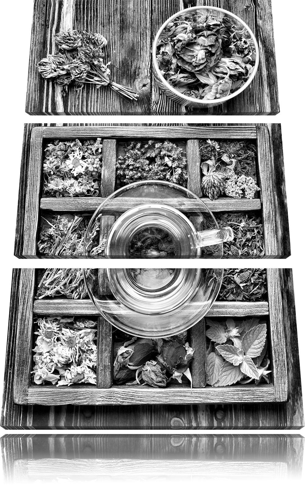 Pixxprint Monocrome, getrocknete Blumen in rustikalem Setzkästchen 3-Teiler Leinwandbild 120x80 Bild