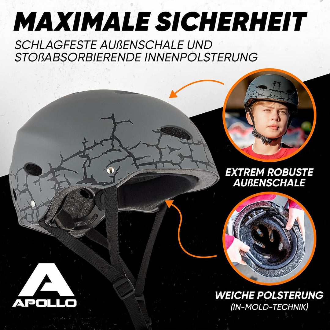 Apollo Skaterhelm Kinder, Damen &amp; Herren, Fahrradhelm 52-58 verstellbar | Verstellbarer Helm mit Dre