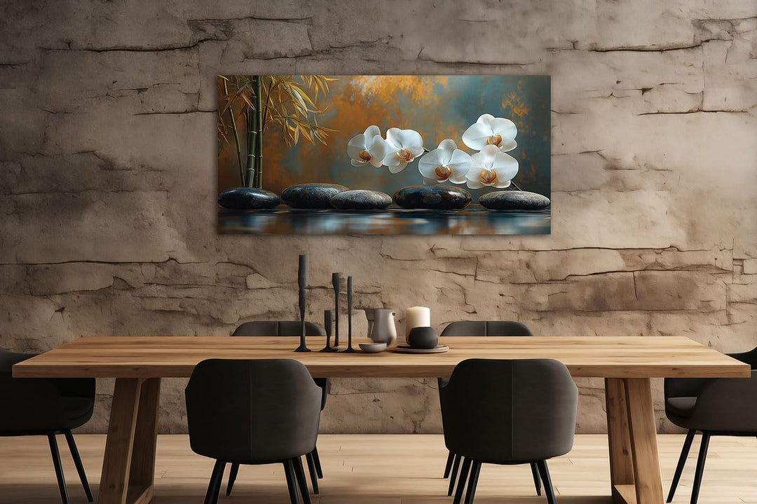 XXL Leinwand 115x55cm Wandbild Weisse Orchidee Bambus Bild Kunstdruck Spa Deko Wanddeko Leinwandbild