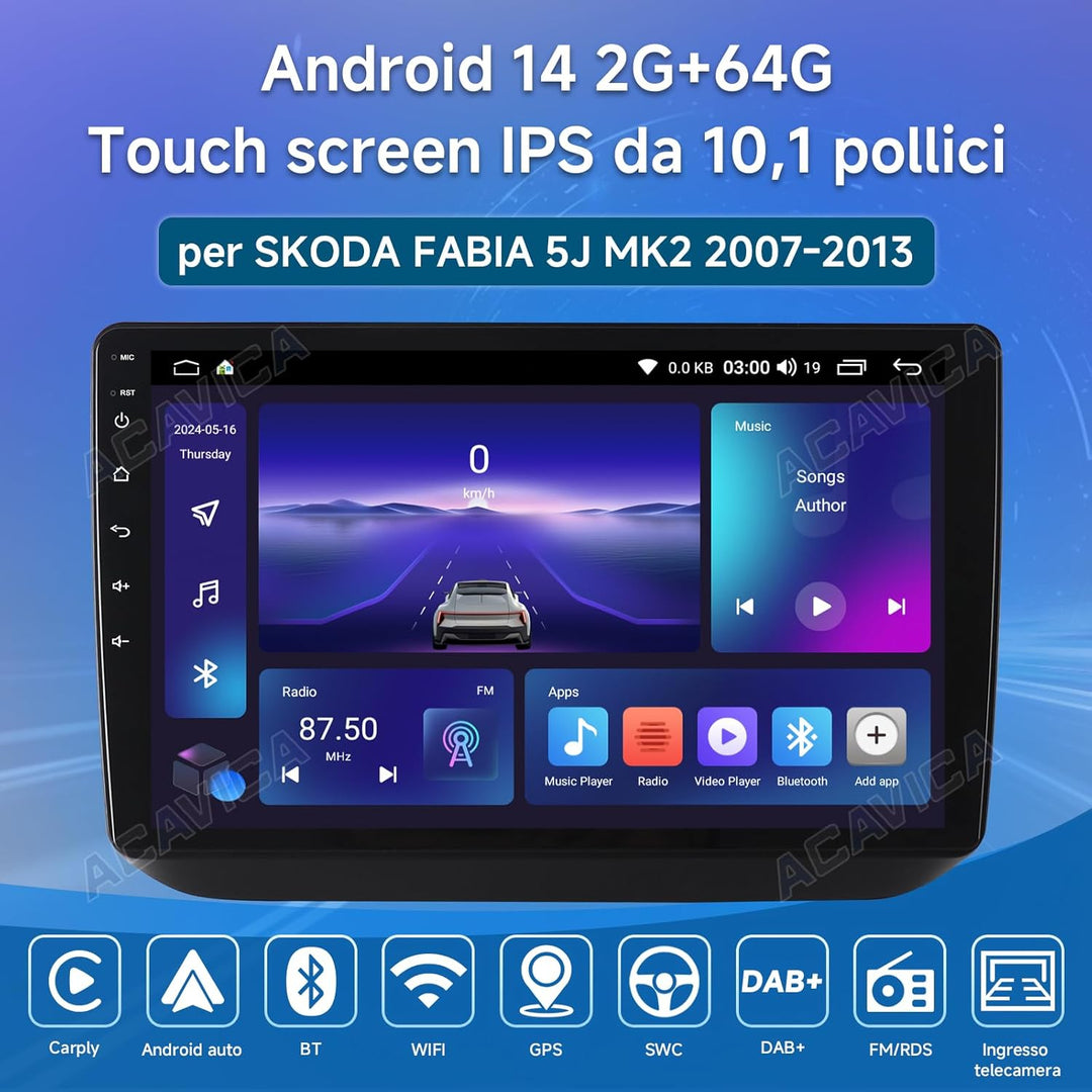 Car Radio für Skoda Fabia 5J MK2 2007-2013 Android 14 2+64GB Autoradio mit Wireless Carplay Android