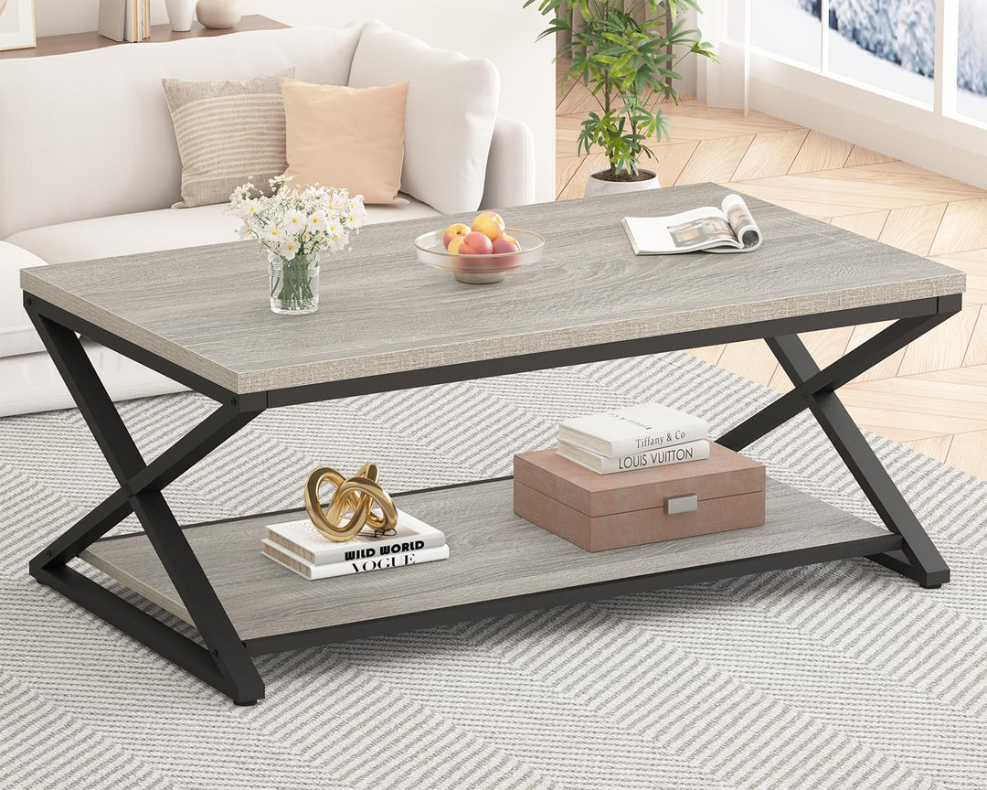 HSH Couchtisch mit Stauraum Grau Wohnzimmertisch Industrielles Holz und Metall Teetisch Rechteckiger