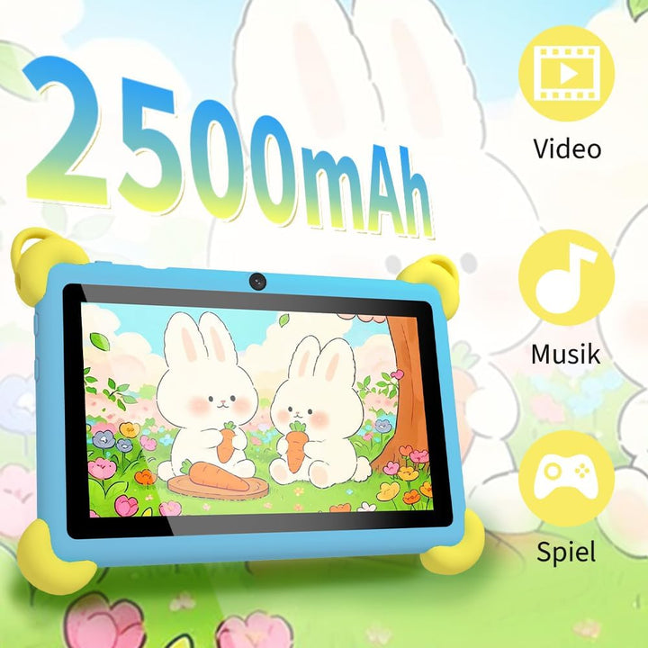 Veidoo 7-Zoll Android Kinder-Tablet, 2+32 GB, Dual-Kameras, stossfeste Hülle, integriertes Hasen-Stä