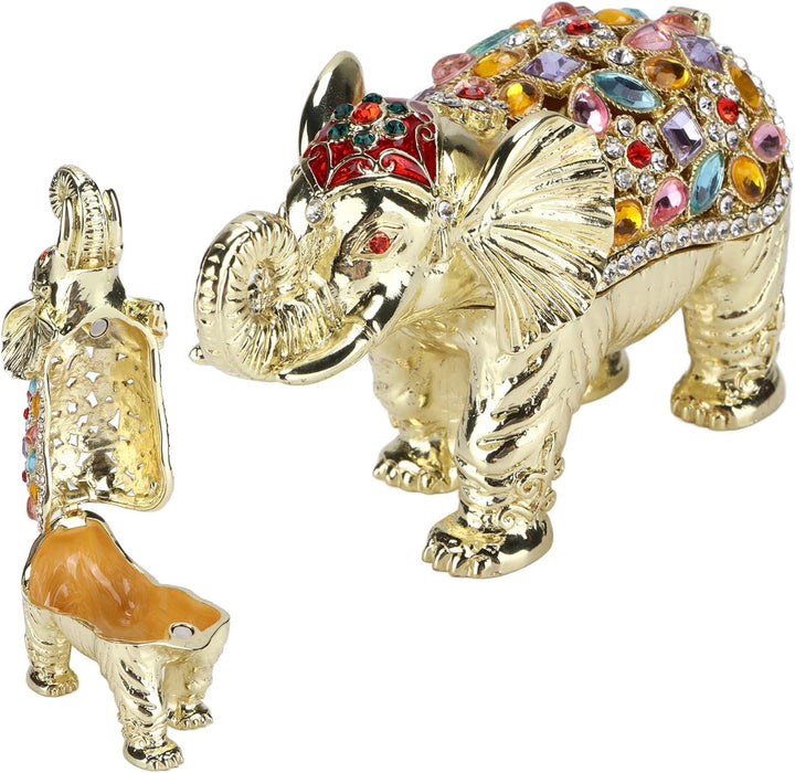 Handbemalte Emaille-Schmuckschatulle „Glücklicher Elefant“, mit Strasssteinen aufklappbare Schmucksc