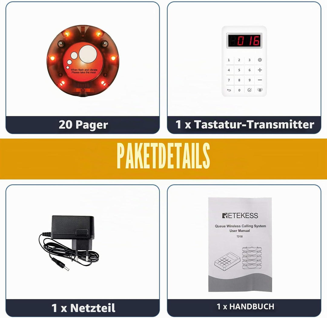 Retekess TD158 Pager Rufsystem, 500M Restaurant Pager System, LED Digitalanzeige, PC Material, Einfa
