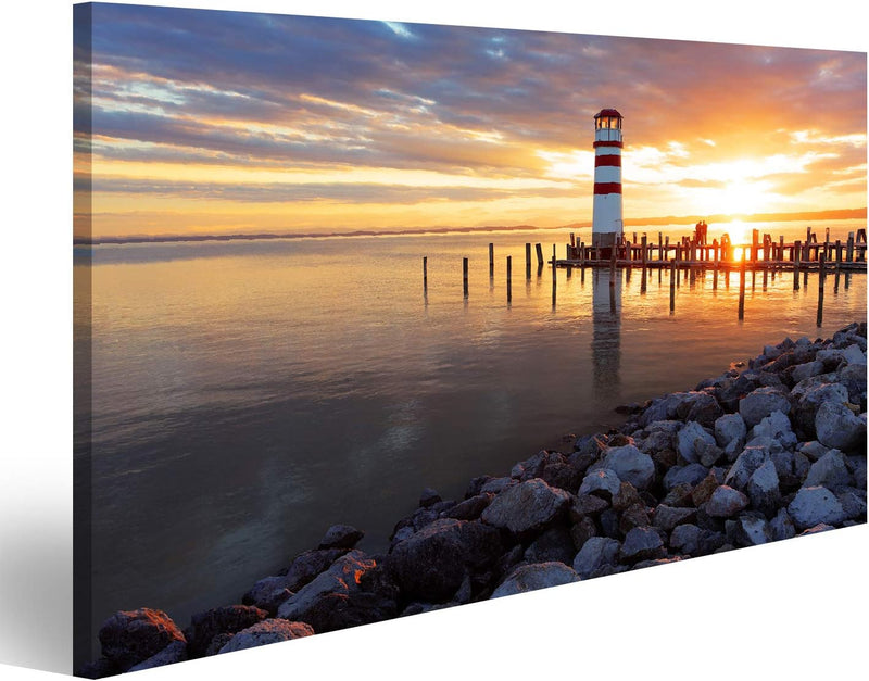 Bild Bilder auf Leinwand Sonnenuntergang am Meer mit Leuchtturm Wandbild Poster Leinwandbild RDA 100