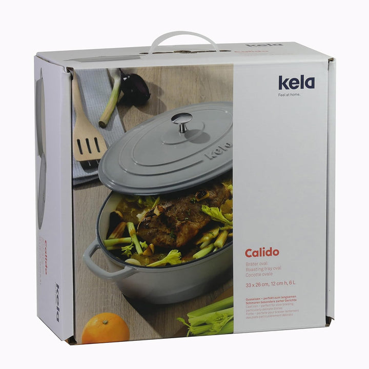 kela Bräter Calido, 6 L, Gusseisen, hellgrau, oval, Allherdboden, emailliert, hitzebeständig bis 300