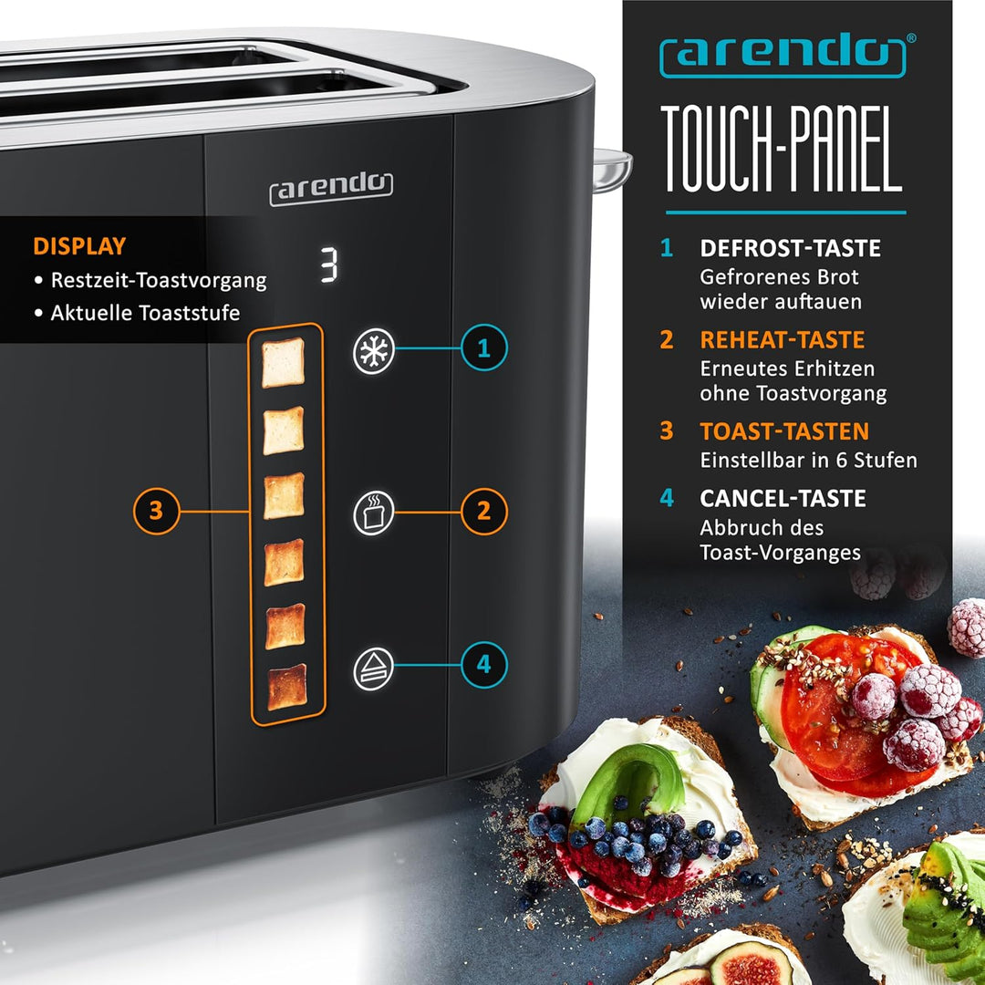 Arendo - Edelstahl Toaster 4 Scheiben Langschlitz - Touchscreen – Doppelwandgehäuse – 1500 W – Integ