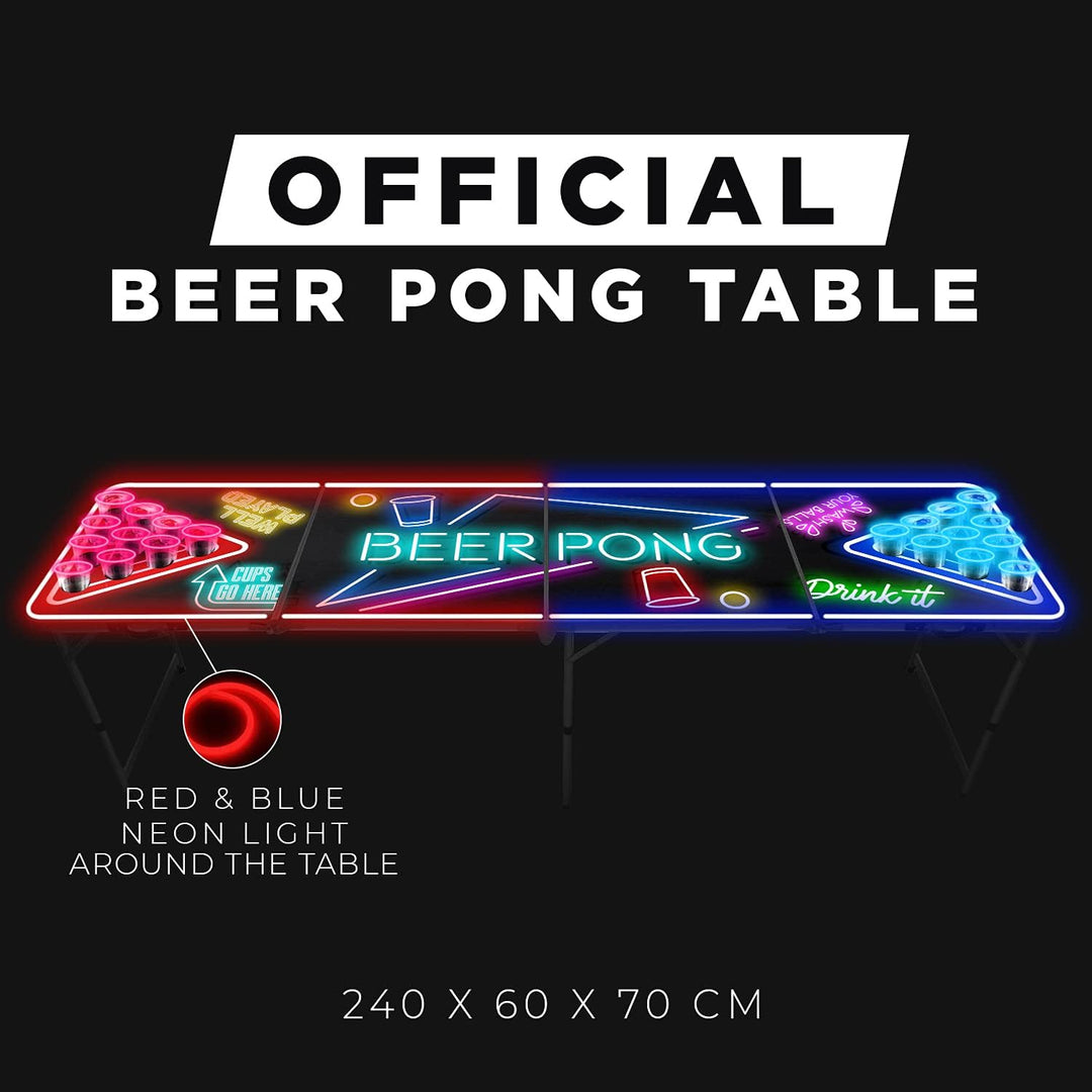 Beer Pong Offizielles Komplettset | Beleuchtungsset | 1 Heller Tisch mit Löchern + 22 American Cups