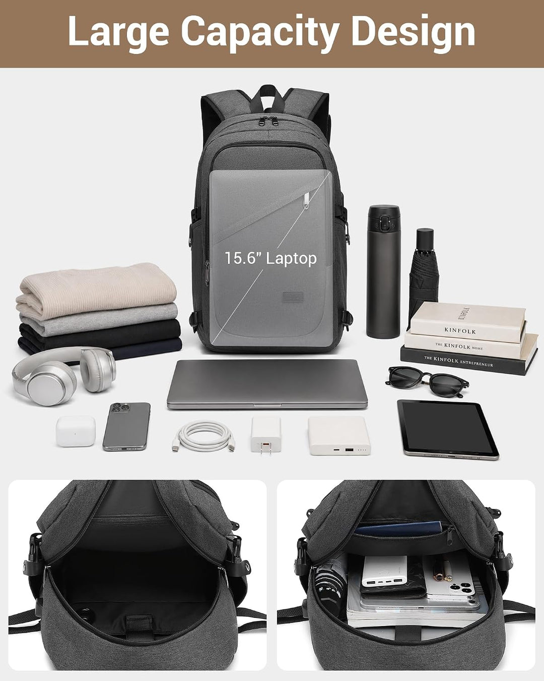 KONO Rucksack Herren, Laptop Rucksack 15,6 Zoll Anti-Diebstahl mit USB-Ladeanschluss, Schulrucksack