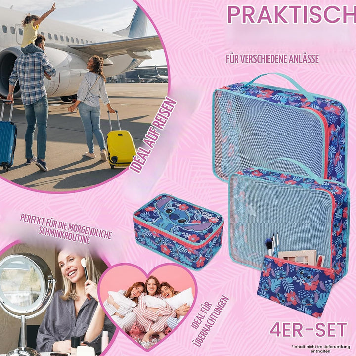 Disney Travel Organizer Taschen 4er-Set mit 3 Packing Cubes &amp; 1 Kosmetiktasche Blau - Reise Zubehör