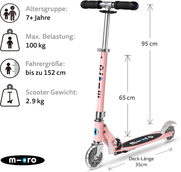 Micro Mobility Sprite LED Cityroller aus Aluminium in der Farbe Neon Rose Lenkerhöhe verstellbar, SA