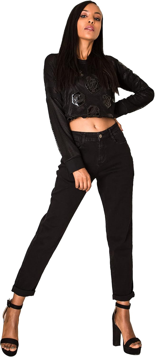 Nina Carter Q1806 Damen Boyfriend Jeanshosen HIGH Waist Used-Look Jeans Waschungseffekt XS Schwarz (