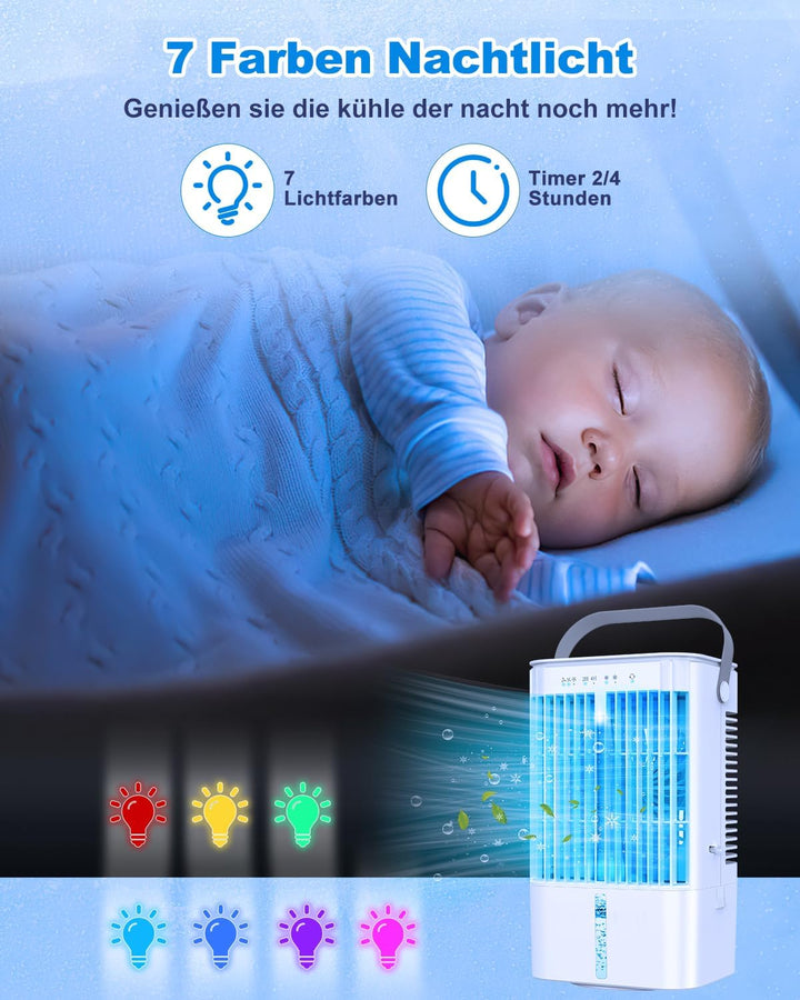RenFox Mobiler Klimaanlage 4 in 1 Energiesparender Mini Luftkühler mit grossem wassertank (1200 ml),