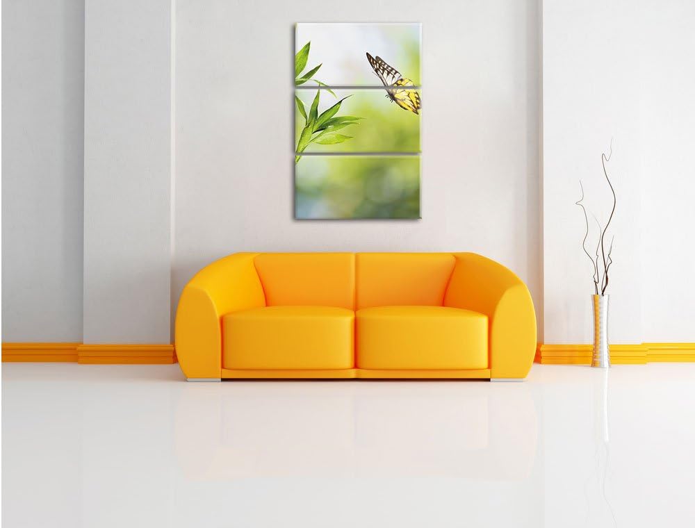 Pixxprint Bambus mit Schmetterling 3-Teiler Leinwandbild 120x80 Bild auf Leinwand