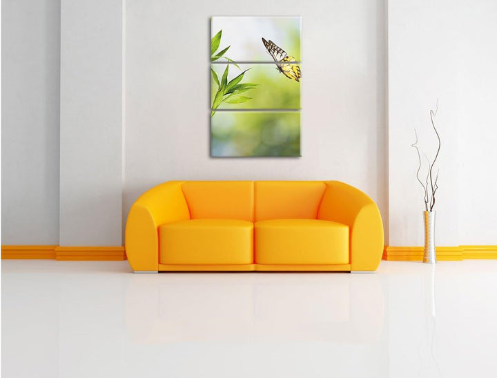 Pixxprint Bambus mit Schmetterling 3-Teiler Leinwandbild 120x80 Bild auf Leinwand