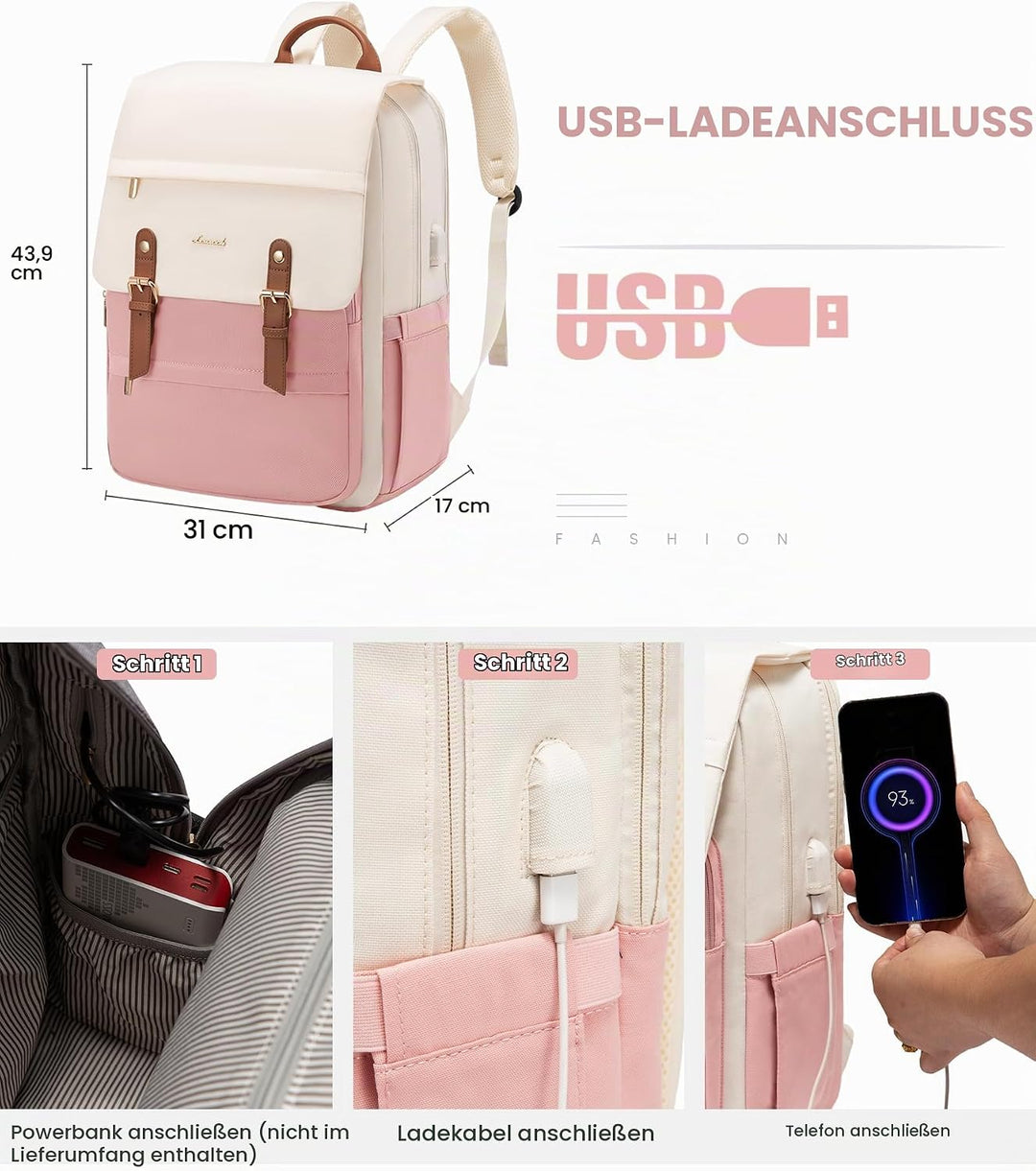 LOVEVOOK Rucksack Damen Rosa, Laptop Schulrucksack 15,6 Zoll, Wasserdichter Tagesrucksack, Schultasc