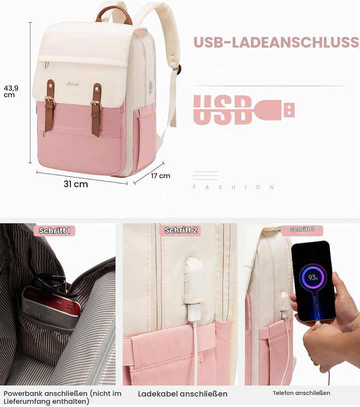 LOVEVOOK Rucksack Damen Rosa, Laptop Schulrucksack 15,6 Zoll, Wasserdichter Tagesrucksack, Schultasc