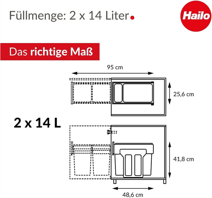 Hailo EcoLine Design L Einbau-Mülltrennungs-System | 2 x 14L | 28L | Duo Mülltrenner mit Vollauszug
