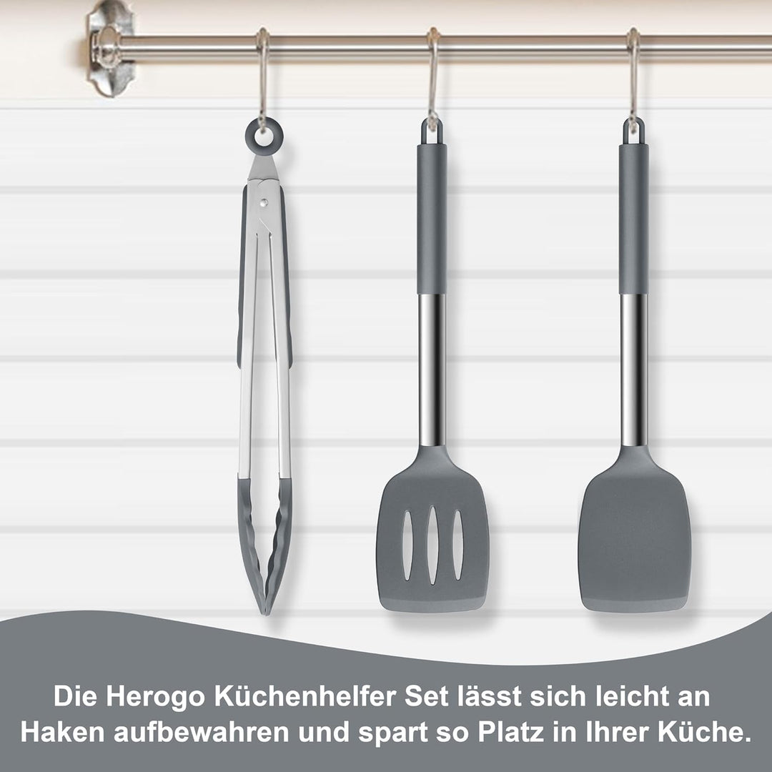 Herogo Küchenhelfer Set, 7 Stück Silikon Küchenutensilien Set, Küchenutensilienset mit Edelstahlgrif