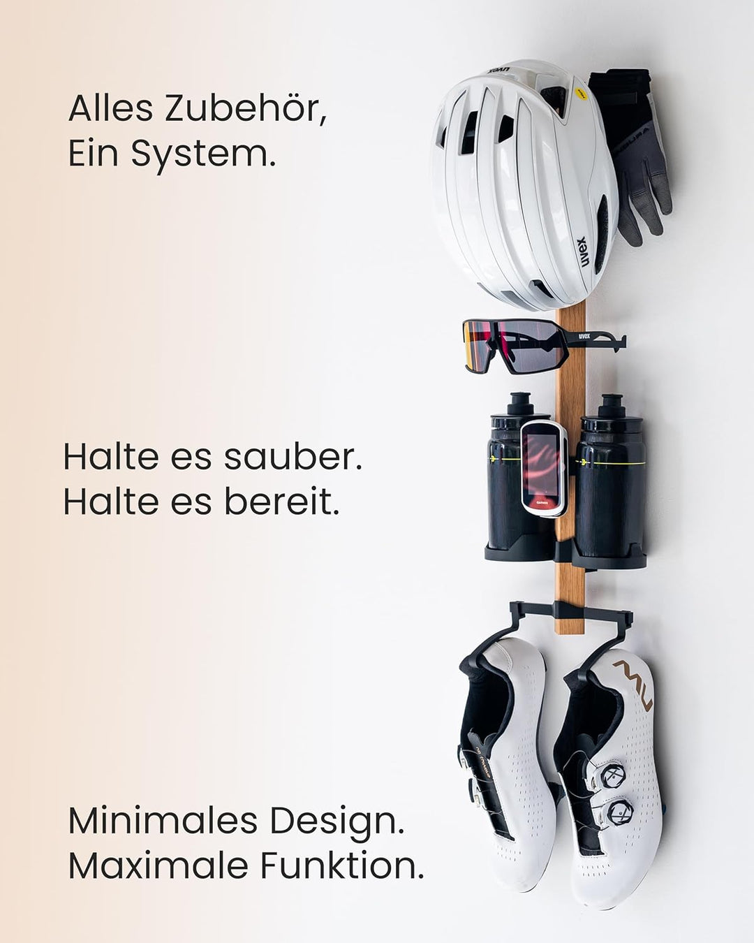 PARAX Gear-Rack Wand-Organizer für Fahrradzubehör aus Holz M: 60 cm M Set 2: Helm | 2x Brille | Abla