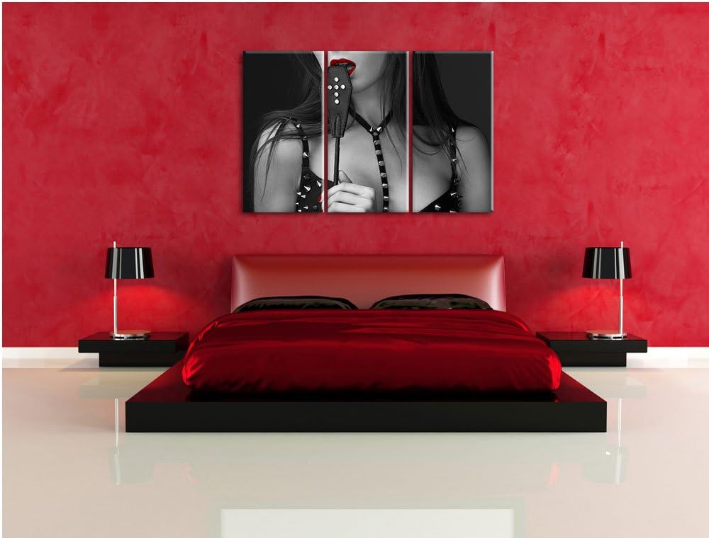 Dark Verführerische Frau mit Peitsche schwarz/weiss 3-Teiler Leinwandbild 120x80 Bild auf Leinwand,