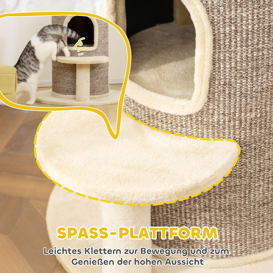 PawHut Kratztonne für Katzen, 61 cm Hoch Katzentonne mit 2 Höhlen, Kratzbaum mit Sprungplattform, Ka
