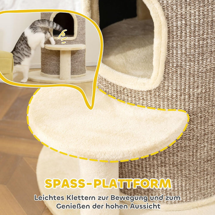 PawHut Kratztonne für Katzen, 61 cm Hoch Katzentonne mit 2 Höhlen, Kratzbaum mit Sprungplattform, Ka