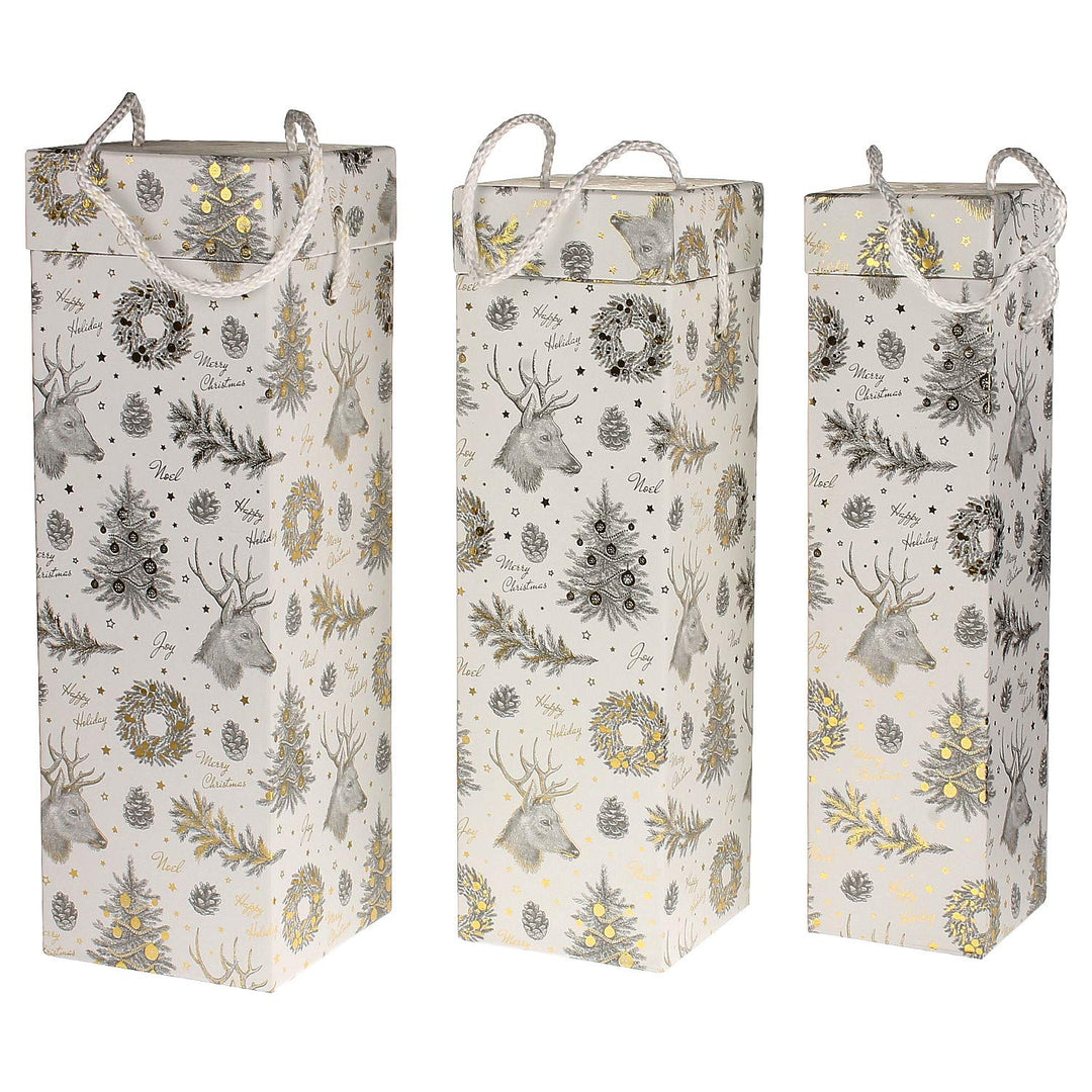 3er Set Geschenktüte Flasche Weihnachten Weiss Silber Gold Flaschentüte Flaschenbox Geschenktasche F