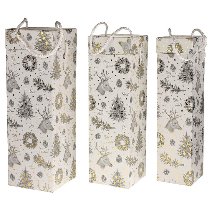 3er Set Geschenktüte Flasche Weihnachten Weiss Silber Gold Flaschentüte Flaschenbox Geschenktasche F