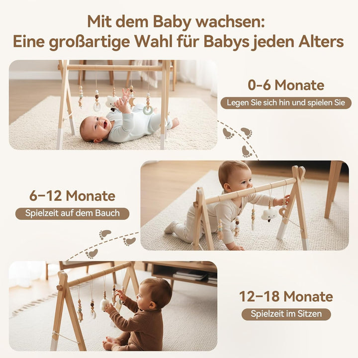 Spielbogen Baby Holz- Montessori Spielbogen mit 5 abnehmbaren Sensorischen Spielzeugen, Faltbar Baby